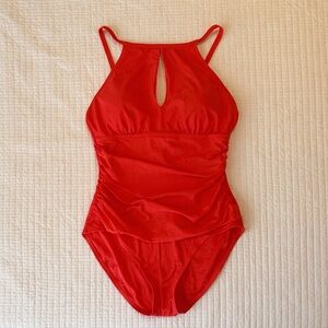 ✨ Ellen Tracy Coral One Piece Swimsuit Ruched Keyhole Halter Top Size 12